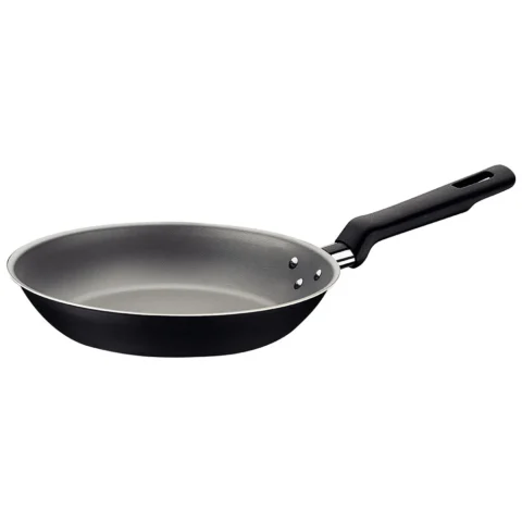 Frigideira rasa de alumínio antiaderente preta com cabo ergonômico, ideal para preparar carnes, ovos, legumes e receitas do dia a dia.