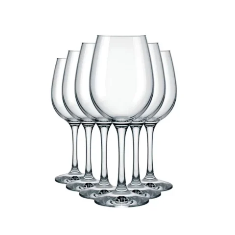 Conjunto com 6 taças para vinho em vidro transparente, com bojo arredondado e haste longa, ideal para servir vinhos com elegância em ocasiões especiais, jantares e celebrações.