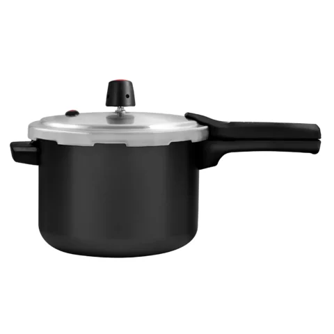 Panela de pressão de alumínio preta com tampa de segurança e cabo anatômico, ideal para o preparo rápido de feijão, carnes e outros alimentos.