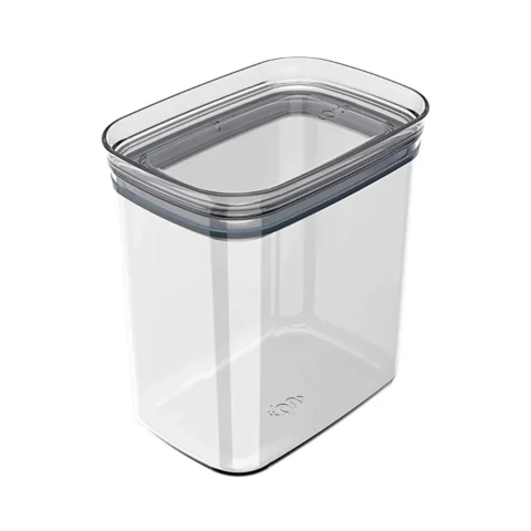 Pote hermético transparente retangular com tampa de vedação cinza para armazenar mantimentos e conservar alimentos.