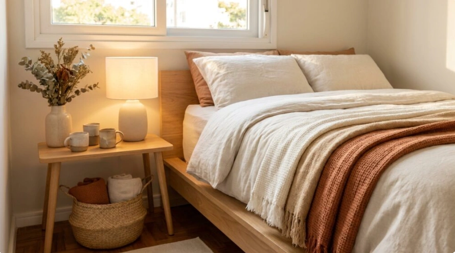 Quarto aconchegante com cama de madeira, roupa de cama branca, manta em tons terracota, mesa de cabeceira com abajur aceso, vasos decorativos, canecas e cesta de fibras naturais, iluminado por luz natural que entra pela janela.