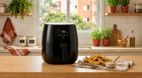 Air fryer elétrica preta sobre bancada de madeira em cozinha moderna e iluminada, com prato de batatas rústicas assadas ao lado e potes identificados como "Sal" e "Tempero" ao fundo.