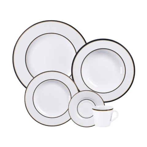 aparelho de jantar Aparelho de jantar branco com preto em um fundo branco, possui prato raso, prato fundo, prato de sobremesa, pires e uma xícara.