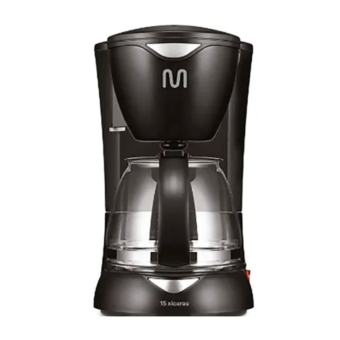 Cafeteira elétrica preta com jarra de vidro transparente e capacidade para até 15 xícaras, ideal para preparar café fresco de forma prática e rápida no dia a dia.