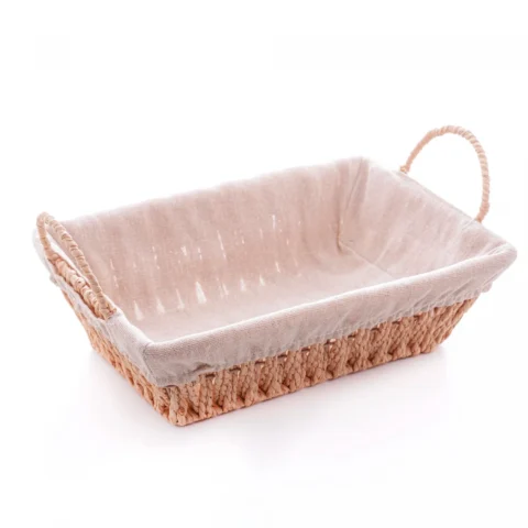 cesta Cesta retangular de fibra natural com alças e forro de tecido bege, ideal para montar cestas de café da manhã, presentes e decoração.