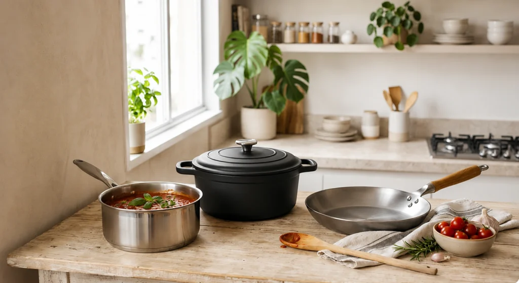 Panela preta com tampa ao centro de uma bancada de cozinha, acompanhada por panela de inox com molho, frigideira de aço, tomates, alho e utensílios em ambiente moderno e iluminado.