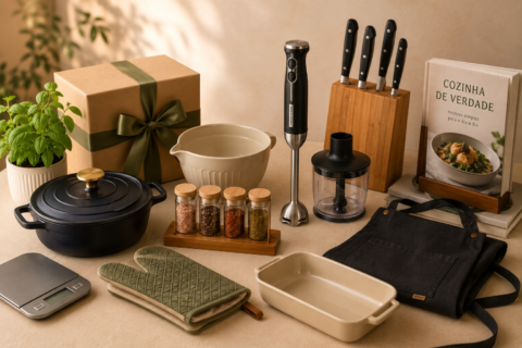 Conjunto de sugestões de presentes para quem gosta de cozinhar, com panela de ferro, mixer com processador, bloco de facas, balança digital, assadeira de cerâmica, avental, luva térmica, kit de temperos, livro de receitas, vaso de ervas e caixa de presente, organizados sobre uma bancada em ambiente aconchegante de cozinha com iluminação natural.