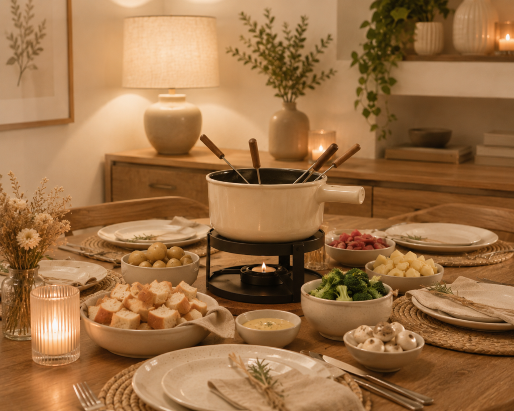 Mesa de fondue posta em ambiente residencial com decoração clean em tons de creme, bege e marrom, iluminada por luz aconchegante. A mesa de madeira reúne panela de fondue, pães, legumes, queijos e acompanhamentos, criando um clima acolhedor para um momento especial em família.