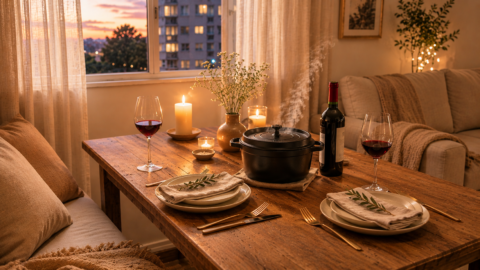 Mesa posta para duas pessoas em um ambiente aconchegante e romântico, com panela de ferro fumegante ao centro, velas acesas, taças e garrafa de vinho sobre mesa de madeira rústica. Ao fundo, sofá confortável, cortinas iluminadas pelo pôr do sol e decoração em tons neutros criam uma atmosfera intimista para um jantar especial.