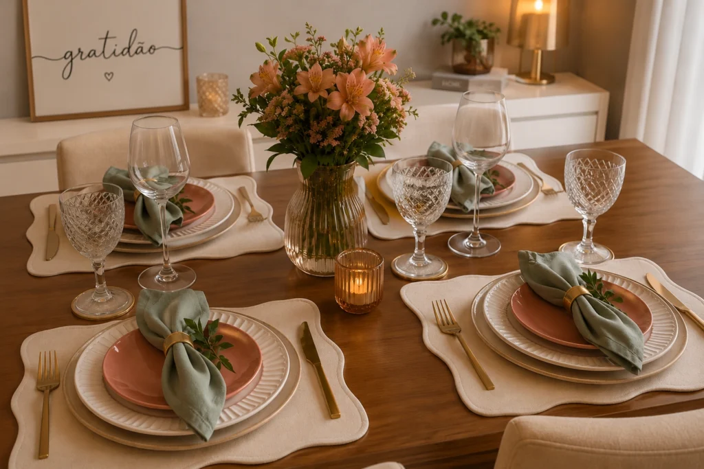 Mesa posta elegante e aconchegante em mesa de madeira com pratos em tons de verde e bege, talheres dourados, taças de vidro, arranjo de flores e quadro decorativo com a palavra "Gratidão" ao fundo.