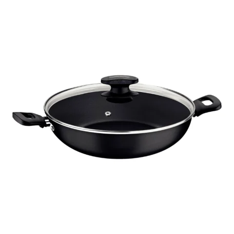 Frigideira funda na cor preta com revestimento antiaderente, tampa de vidro transparente com saída de vapor e alças laterais ergonômicas, indicada para cozinhar, refogar e preparar diversas receitas.