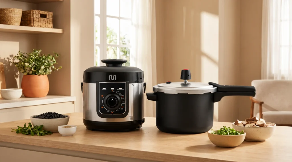 uma panela de pressão elétrica inox e preta de 5 litros e uma panela de pressão convencional preta sobre bancada de cozinha, com ingredientes ao redor em ambiente iluminado.
