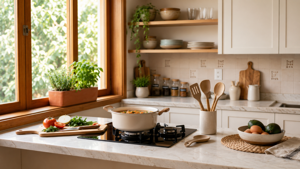 Cozinha moderna e organizada com bancada de mármore, panela sobre o fogão, utensílios de madeira, temperos, plantas e iluminação natural.