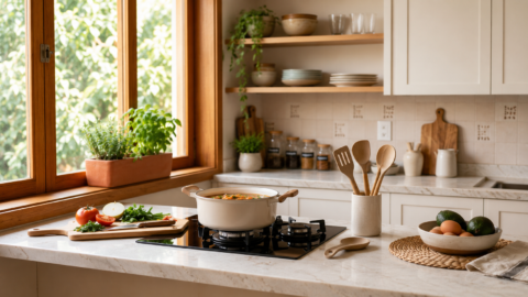 Cozinha moderna e organizada com bancada de mármore, panela sobre o fogão, utensílios de madeira, temperos, plantas e iluminação natural.