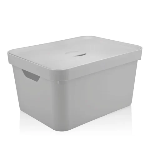 Caixa organizadora retangular branca com tampa e capacidade de 32 litros, ideal para armazenar roupas, brinquedos e objetos diversos.