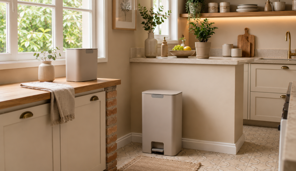 Cozinha moderna em tons claros com decoração aconchegante, bancada de madeira, armários bege, plantas ornamentais e duas lixeiras retangulares off-white: uma compacta sobre o balcão e outra maior com pedal posicionada no piso, compondo um ambiente clean, elegante e funcional.