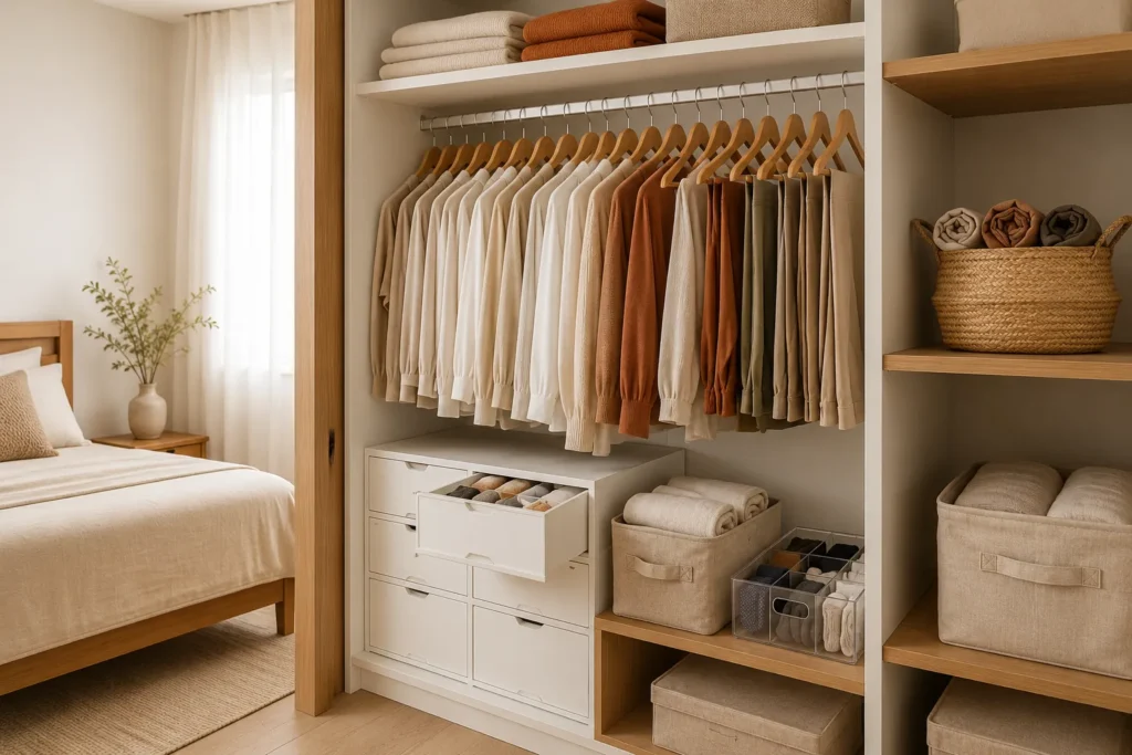 Guarda-roupa organizado em quarto de estilo escandinavo com roupas em cabides de madeira, gaveteiros, caixas organizadoras, cestos de tecido e prateleiras em tons neutros, iluminado por luz natural.