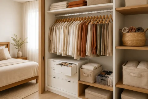 Guarda-roupa organizado em quarto de estilo escandinavo com roupas em cabides de madeira, gaveteiros, caixas organizadoras, cestos de tecido e prateleiras em tons neutros, iluminado por luz natural.