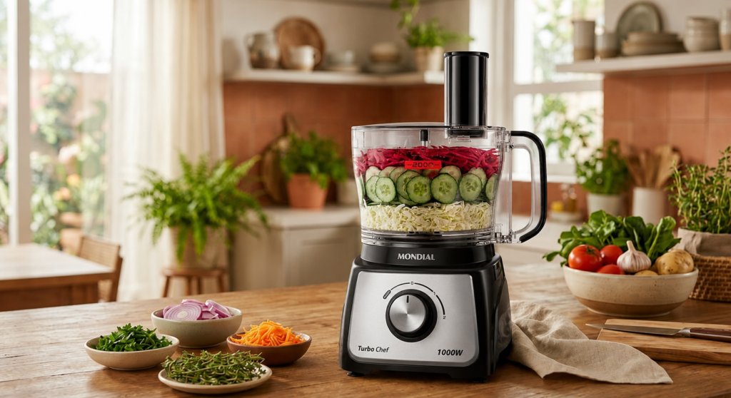 Processador de alimentos Mondial Turbo Chef 1000W sobre bancada de madeira em uma cozinha iluminada, com legumes frescos no recipiente e ingredientes preparados ao redor, destacando praticidade e preparo de alimentos.
