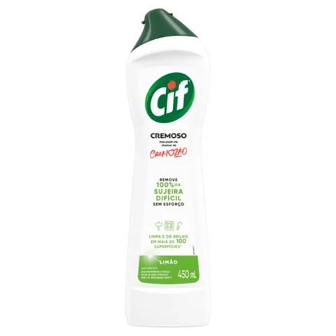 Limpador cremoso CIF Limão 450 ml para remoção de sujeiras difíceis em diversas superfícies.