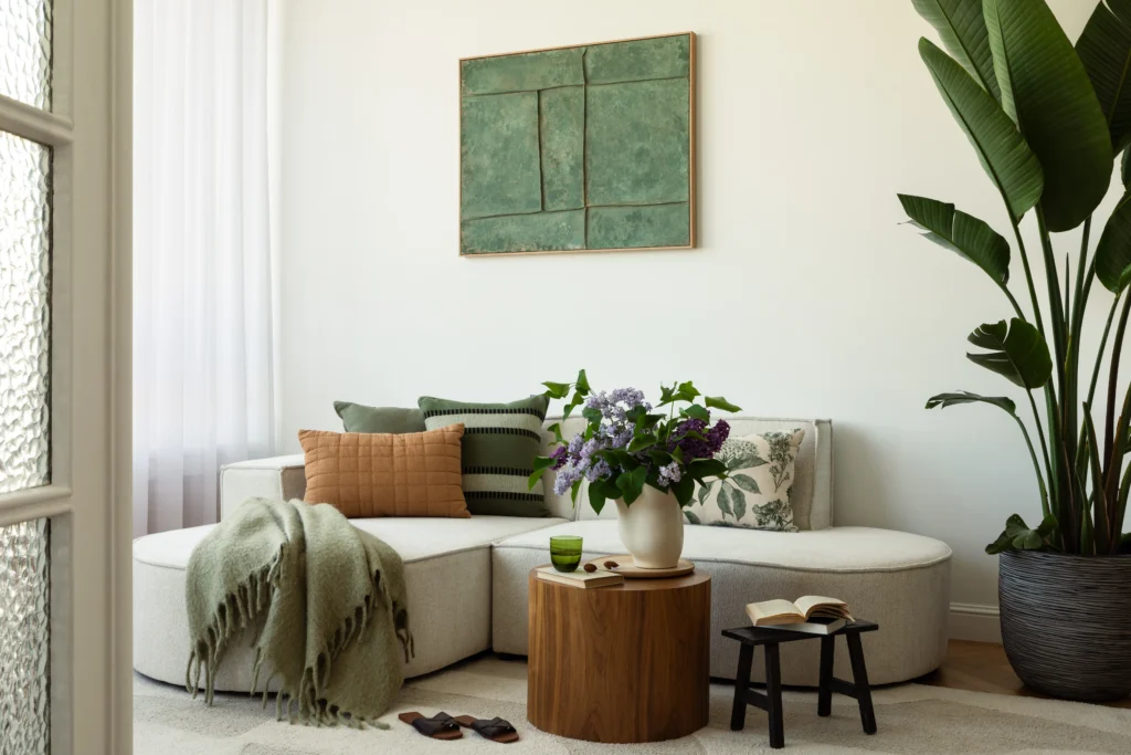 Sala de estar elegante com sofá claro, almofadas decorativas em tons de verde e mesa de madeira em ambiente aconchegante.