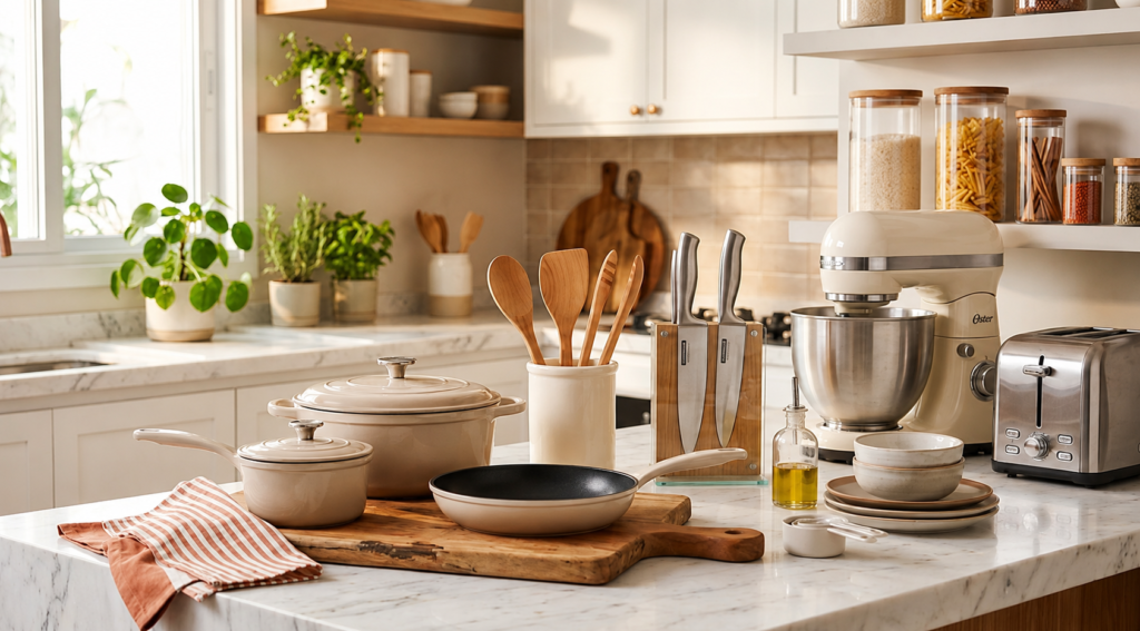 Cozinha moderna e bem iluminada com ilha de mármore, panelas e frigideira sobre tábua de madeira, utensílios de cozinha, batedeira, torradeira e potes organizadores ao fundo, compondo um ambiente funcional e aconchegante.