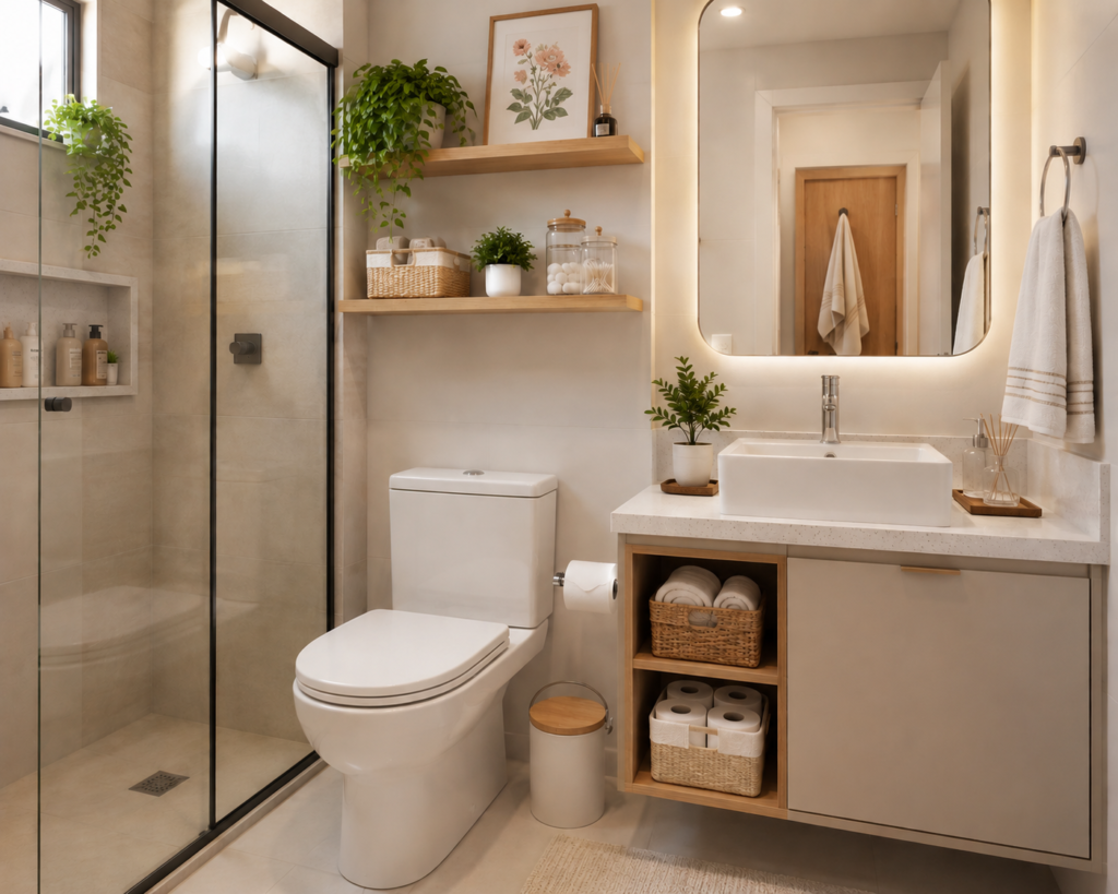 Banheiro pequeno organizado com decoração clean, prateleiras de madeira, quadro com estampa floral, cestos organizadores, box de vidro e bancada moderna em tons claros.