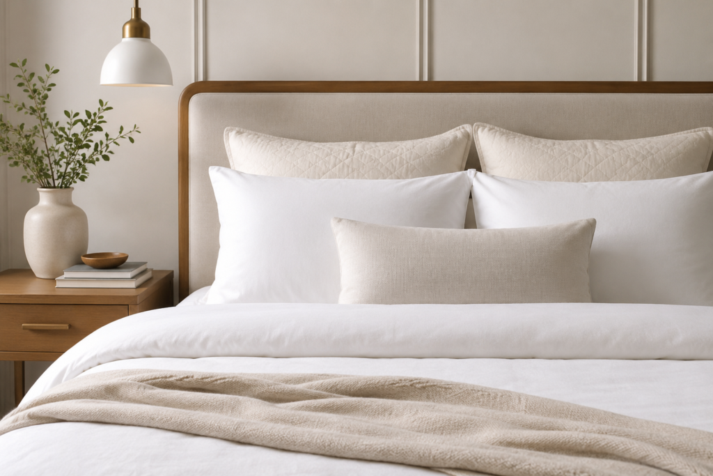 Quarto clean e elegante com cama de casal em madeira clara, roupa de cama em tons neutros e travesseiros brancos, incluindo um travesseiro ergonômico em destaque. O ambiente conta com mesa de cabeceira, luminária, plantas, estante de madeira e iluminação natural, transmitindo conforto e bem-estar.