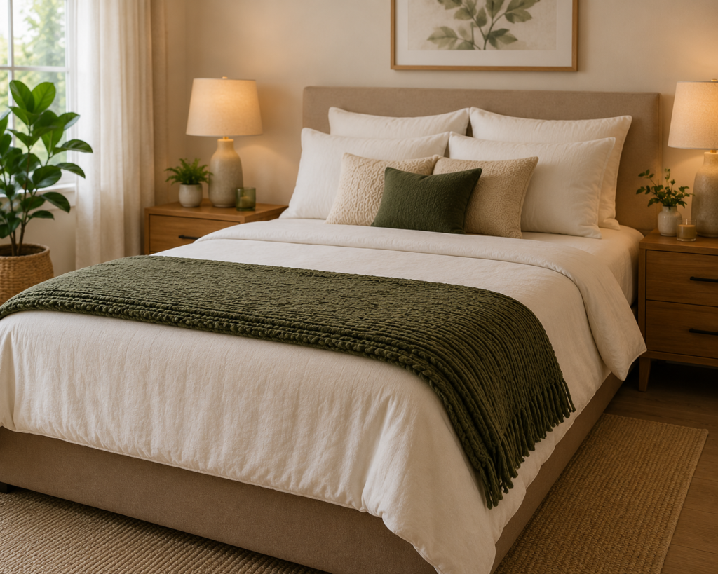 Montagem com dois ambientes aconchegantes: à esquerda, uma poltrona decorada com manta verde de tricô e franjas; à direita, um cesto de fibra natural com manta de tricô creme em relevo, compondo uma decoração moderna e acolhedora.