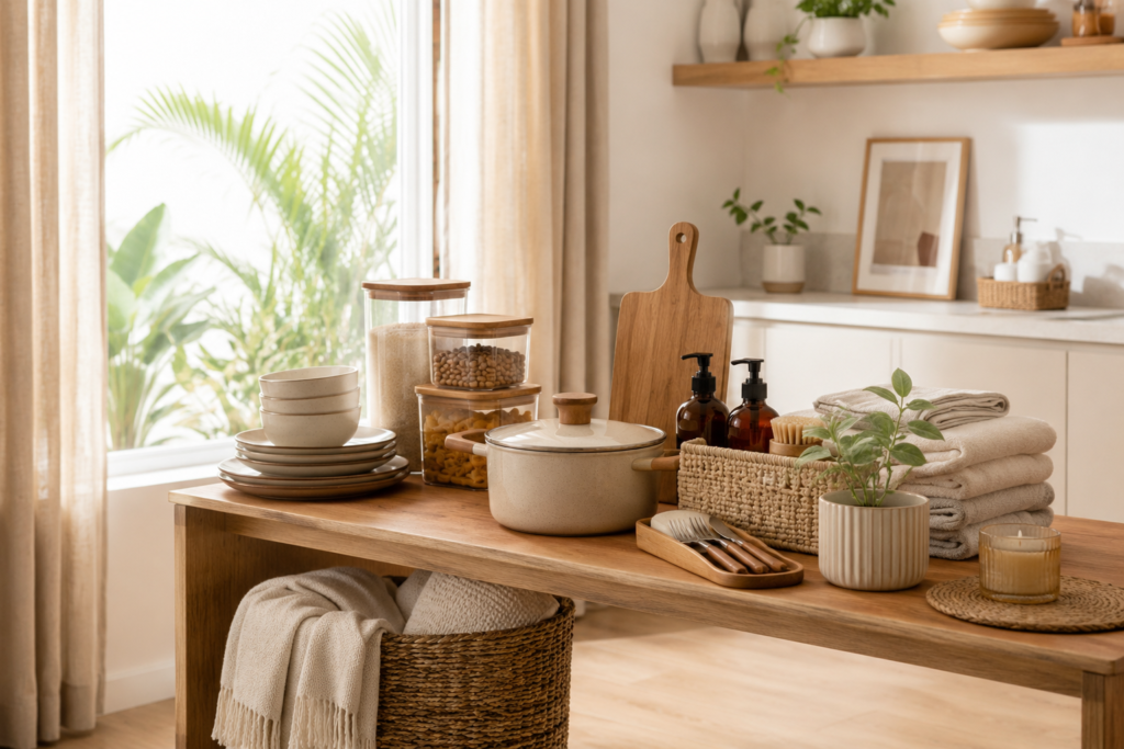 Checklist para casa completa com itens essenciais organizados sobre uma mesa de madeira em ambiente moderno, incluindo panela, louças, potes herméticos, tábua de corte, toalhas, organizadores e acessórios para o lar
