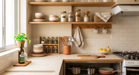 Cozinha moderna e organizada com prateleiras de madeira, potes herméticos, porta-temperos, utensílios de cozinha, tábua de corte, panelas e bancada clara, em ambiente iluminado por luz natural. Foco em organização de cozinha e decoração funcional.