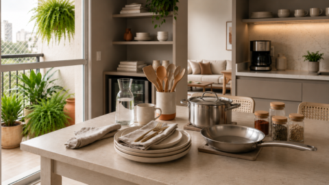 Cozinha moderna em estilo escandinavo com armários em tom amadeirado claro, bancada de pedra clara, mesa posta com panelas de inox, utensílios de cozinha e decoração minimalista iluminada por luz natural.