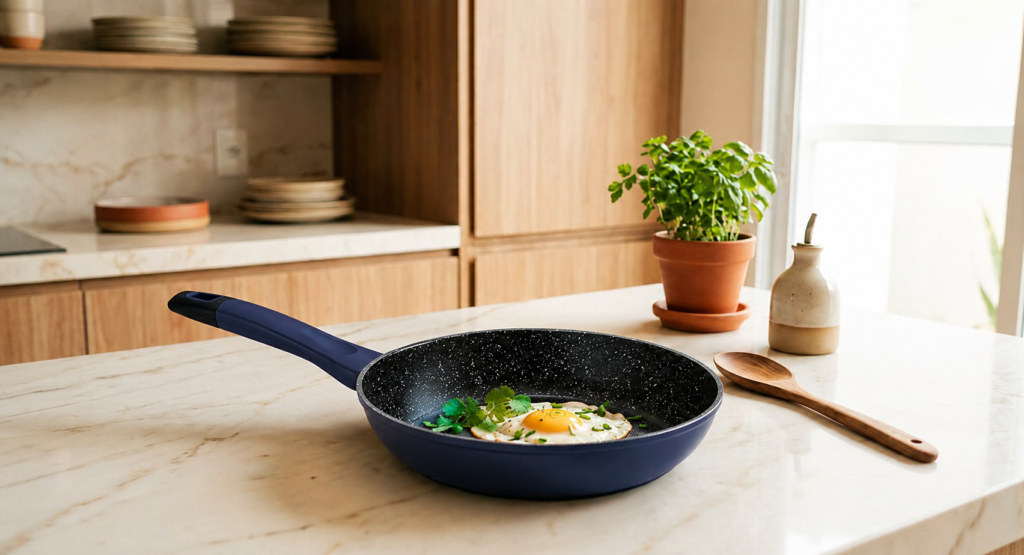 Frigideira antiaderente azul com revestimento interno marmorizado sobre bancada de cozinha moderna, com ovo frito, ervas frescas e decoração clean ao fundo.