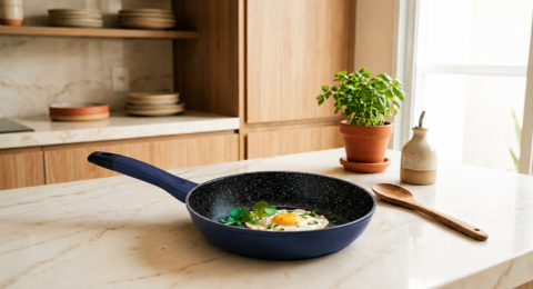 Frigideira antiaderente azul com revestimento interno marmorizado sobre bancada de cozinha moderna, com ovo frito, ervas frescas e decoração clean ao fundo.