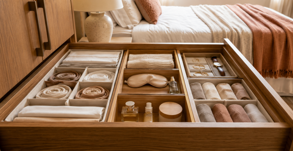 Organizador de gaveta para quarto com divisórias contendo roupas dobradas, toalhas, acessórios, máscara de dormir, perfumes e joias, em um quarto moderno e aconchegante com móveis de madeira.