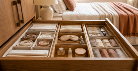 Organizador de gaveta para quarto com divisórias contendo roupas dobradas, toalhas, acessórios, máscara de dormir, perfumes e joias, em um quarto moderno e aconchegante com móveis de madeira.