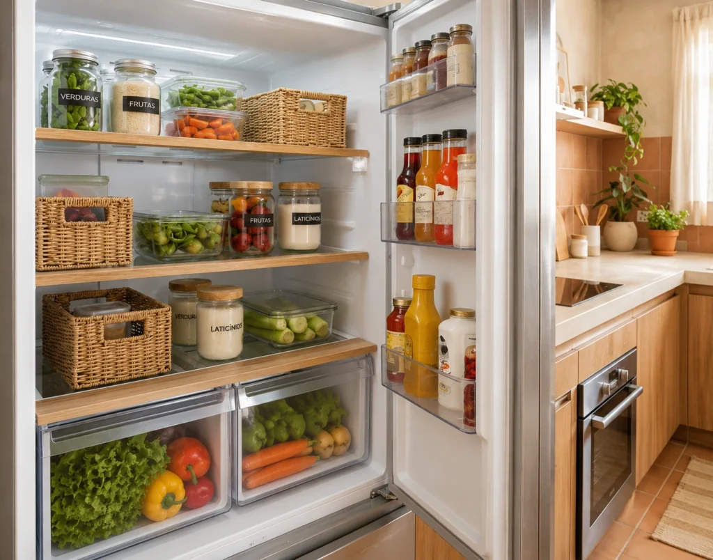 Geladeira organizada com potes herméticos de vidro, frutas, legumes e verduras armazenados de forma prática, integrada a uma cozinha moderna, clean e iluminada.