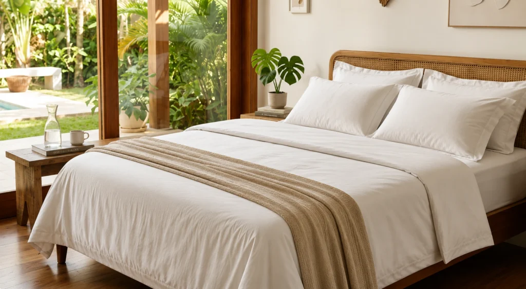 Jogo de cama branco com lençóis de algodão bem arrumados, peseira bege dobrada aos pés da cama e quarto moderno com iluminação natural e vista para o jardim.
