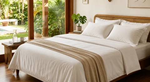 Jogo de cama branco com lençóis de algodão bem arrumados, peseira bege dobrada aos pés da cama e quarto moderno com iluminação natural e vista para o jardim.
