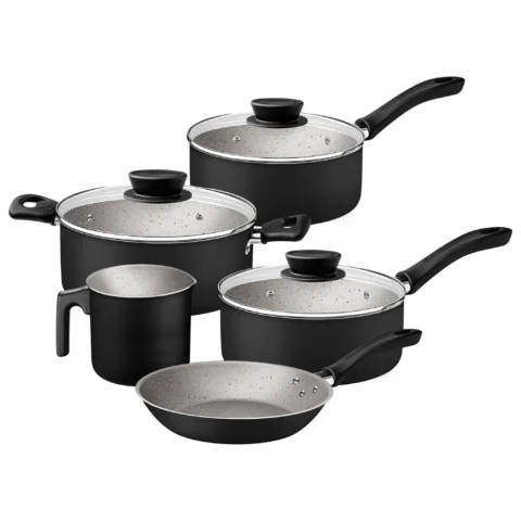 jogo de panela Jogo de panelas antiaderentes na cor preta com tampas de vidro, frigideira e fervedor para uso diário na cozinha.