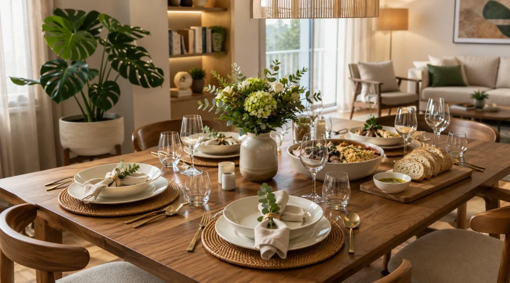 Mesa posta moderna em madeira clara com pratos brancos, talheres dourados, taças de cristal, arranjo de flores ao centro e ambiente integrado de sala de jantar com decoração contemporânea e iluminação natural.