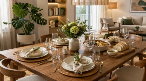 Mesa posta moderna em madeira clara com pratos brancos, talheres dourados, taças de cristal, arranjo de flores ao centro e ambiente integrado de sala de jantar com decoração contemporânea e iluminação natural.