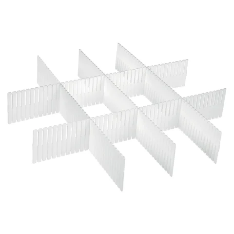 Kit organizador de gavetas com cinco divisórias plásticas ajustáveis na cor branca para separar utensílios, acessórios e objetos.