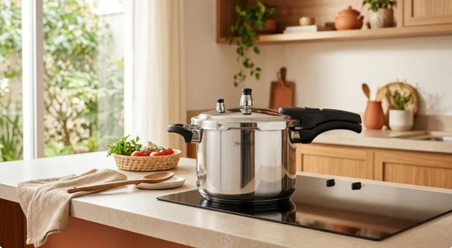 Panela de pressão em aço inox sobre fogão de indução em cozinha moderna, destacando um modelo seguro e ideal para cozinhar feijão, carnes e outras receitas do dia a dia.