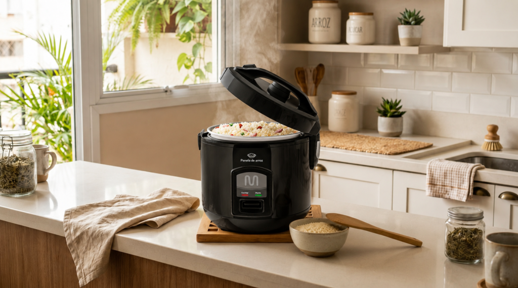 Panela de arroz elétrica preta sobre bancada de cozinha moderna, com tampa aberta, arroz cozido soltinho e vapor saindo, em ambiente clean, iluminado e organizado.