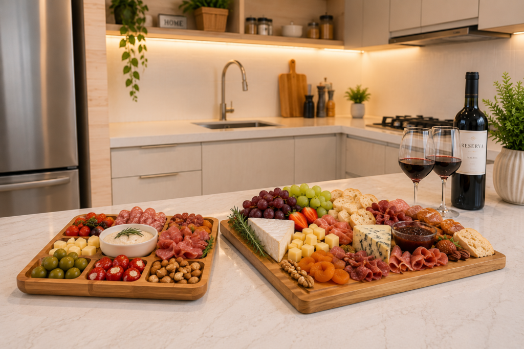 Petisqueira e tábua de frios montadas com queijos, embutidos, frutas, castanhas e pães sobre bancada de cozinha moderna, em ambiente elegante para receber convidados.