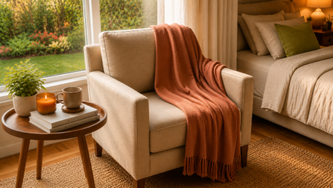 Poltrona estofada bege com manta lisa em tom terracota cuidadosamente acomodada sobre o encosto, ao lado de uma mesa lateral de madeira com livros, vela e caneca, em um ambiente aconchegante com vista para o jardim e quarto decorado em tons neutros.