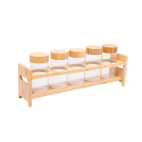 porta tempero Porta-temperos de bambu com cinco potes de vidro e tampas de bambu para organizar condimentos na cozinha.
