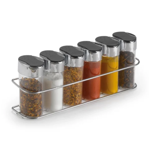 porta tempero de inox Porta-temperos em inox com seis potes transparentes para armazenar sal, pimenta e condimentos, ideal para organizar a cozinha.