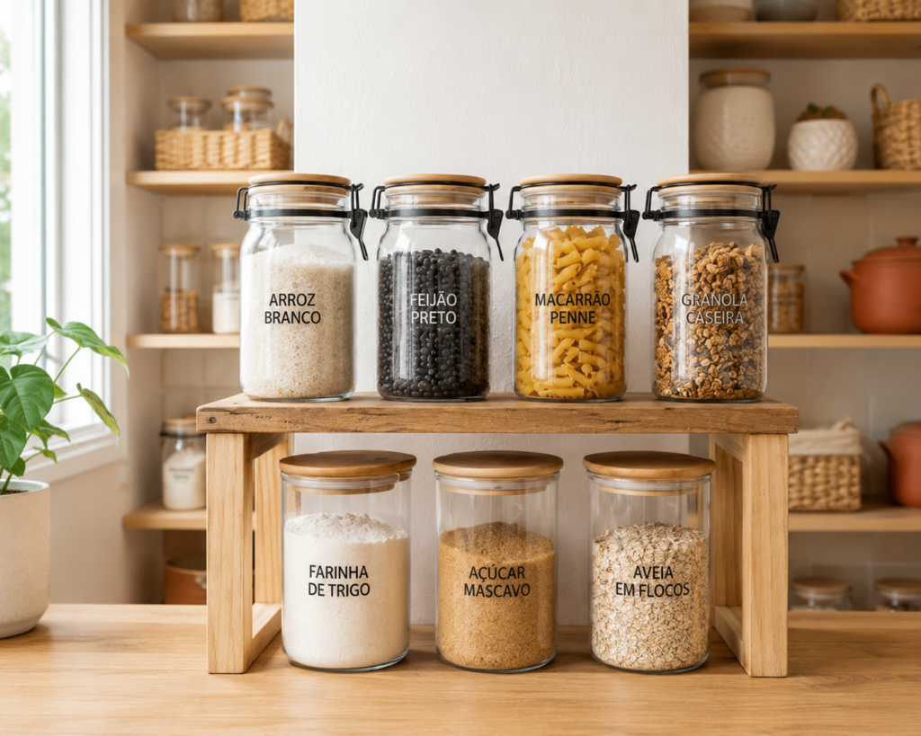 Despensa organizada com potes herméticos de vidro etiquetados sobre um suporte de madeira, armazenando arroz, feijão, macarrão, granola, farinha, açúcar e aveia em uma cozinha clean e iluminada.